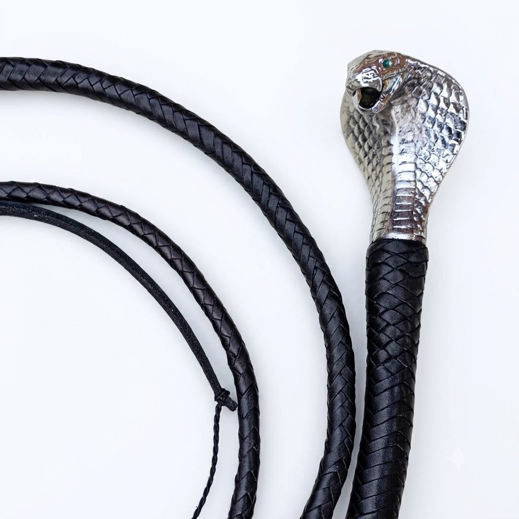 Cobra Head Snake Whip Black Kangaroo Hide 12-16 Plait