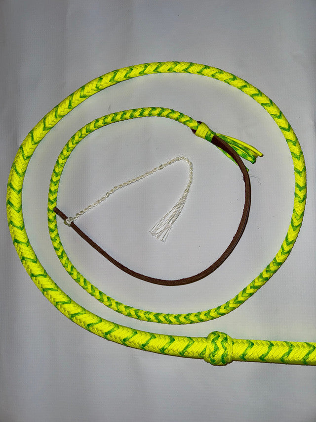 Bull Whip - Yellow & Neon Green Paracord Nylon on Leather 16 Ply - 8ft