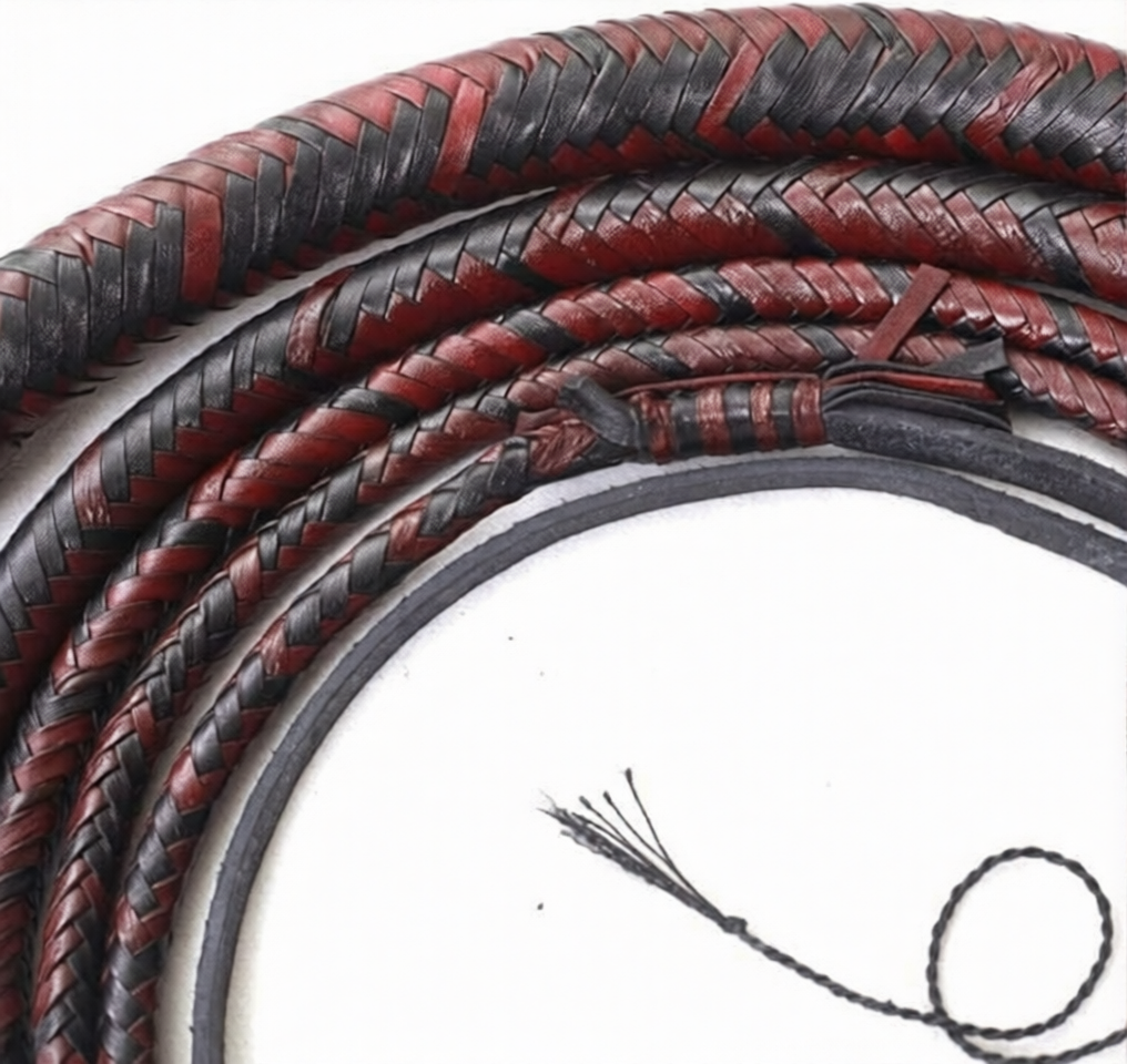 Bullwhip – Red & Black Kangaroo Hide Leather 16 Plait 6ft