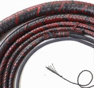 Bullwhip – Red & Black Kangaroo Hide Leather 16 Plait 6ft
