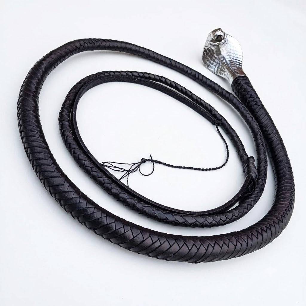 Cobra Head Snake Whip Black Kangaroo Hide 12-16 Plait