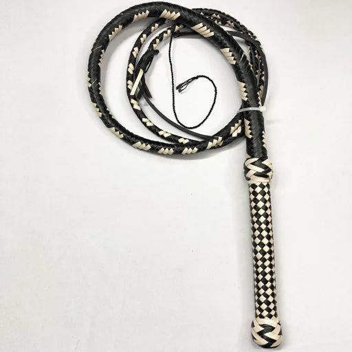 Cowhide Leather Bullwhip - Black/Cream Cowhide Leather 12- 16 Plait