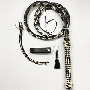 Cowhide Leather Bullwhip - Black/Cream Cowhide Leather 12- 16 Plait